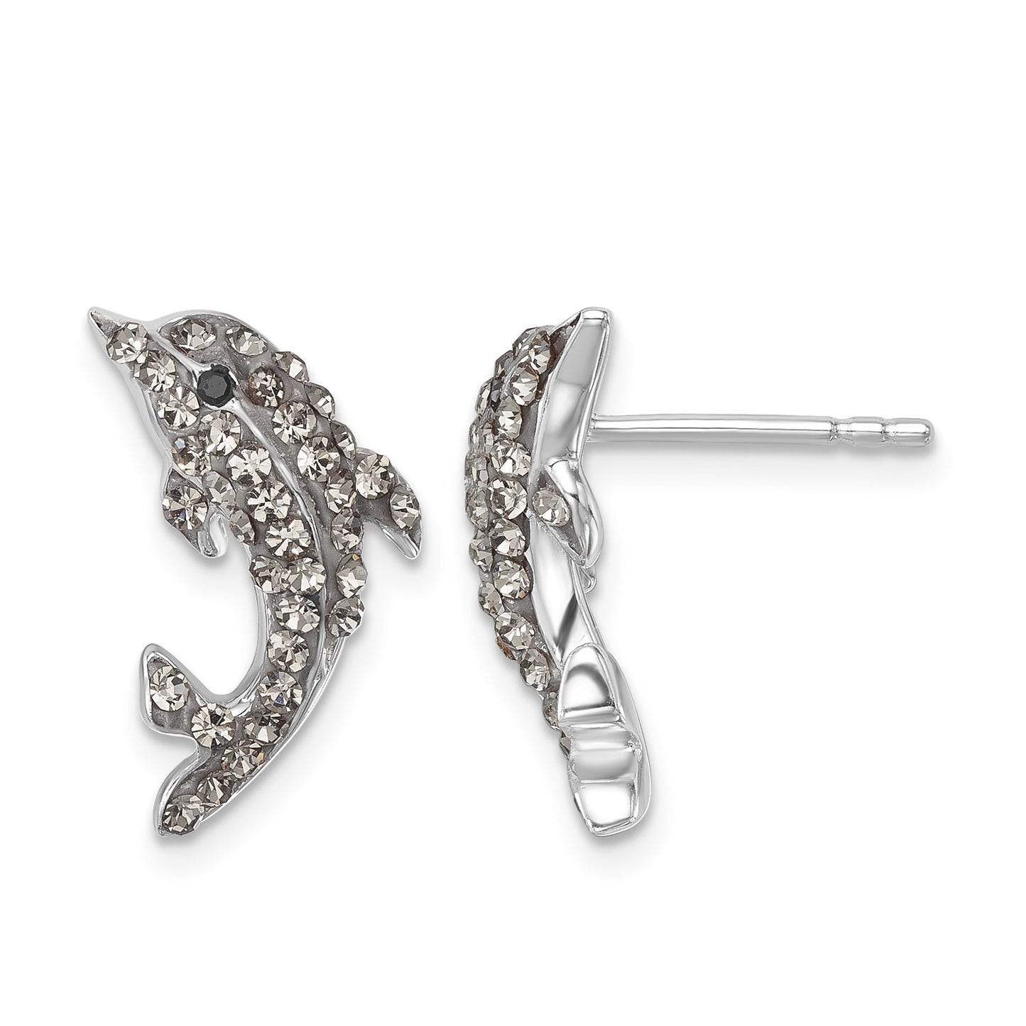 Sterling Silver Rhodium-plated Polished Pale Blue Crystal Dolphin Post Earrings