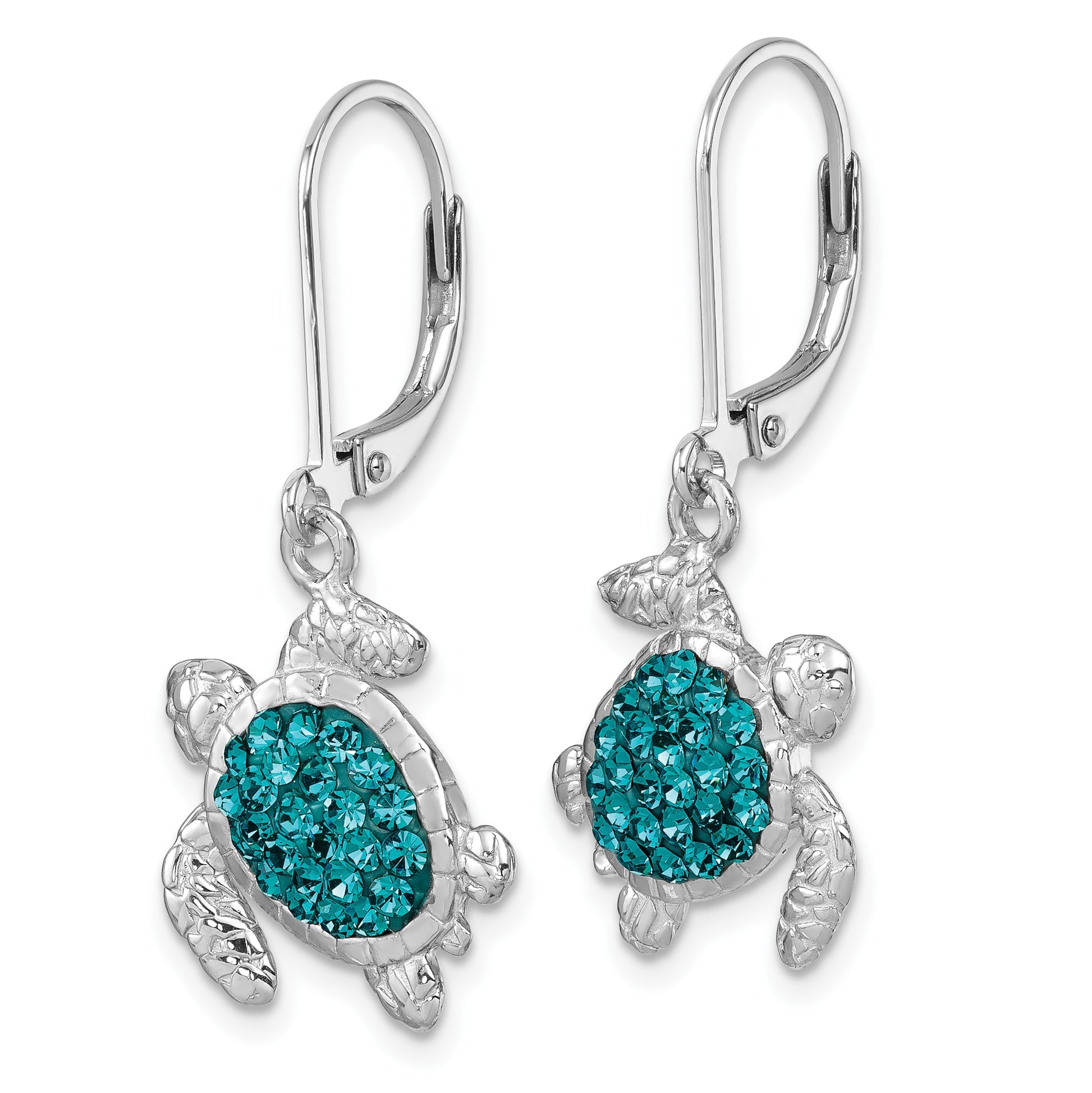 Sterling Silver Rhodium-plated Polished Blue Crystal Turtle Dangle Leverback Earrings