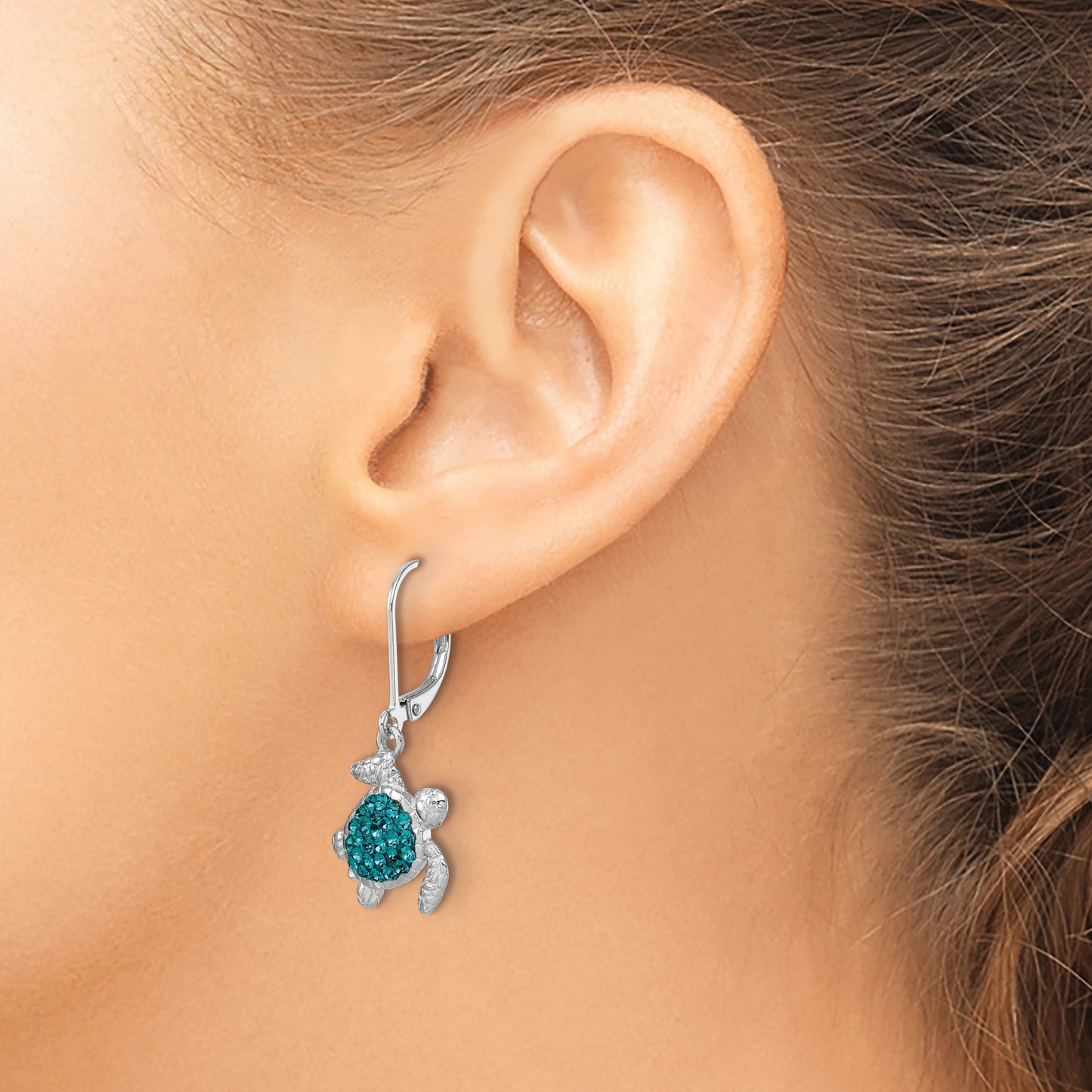 Sterling Silver Rhodium-plated Polished Blue Crystal Turtle Dangle Leverback Earrings