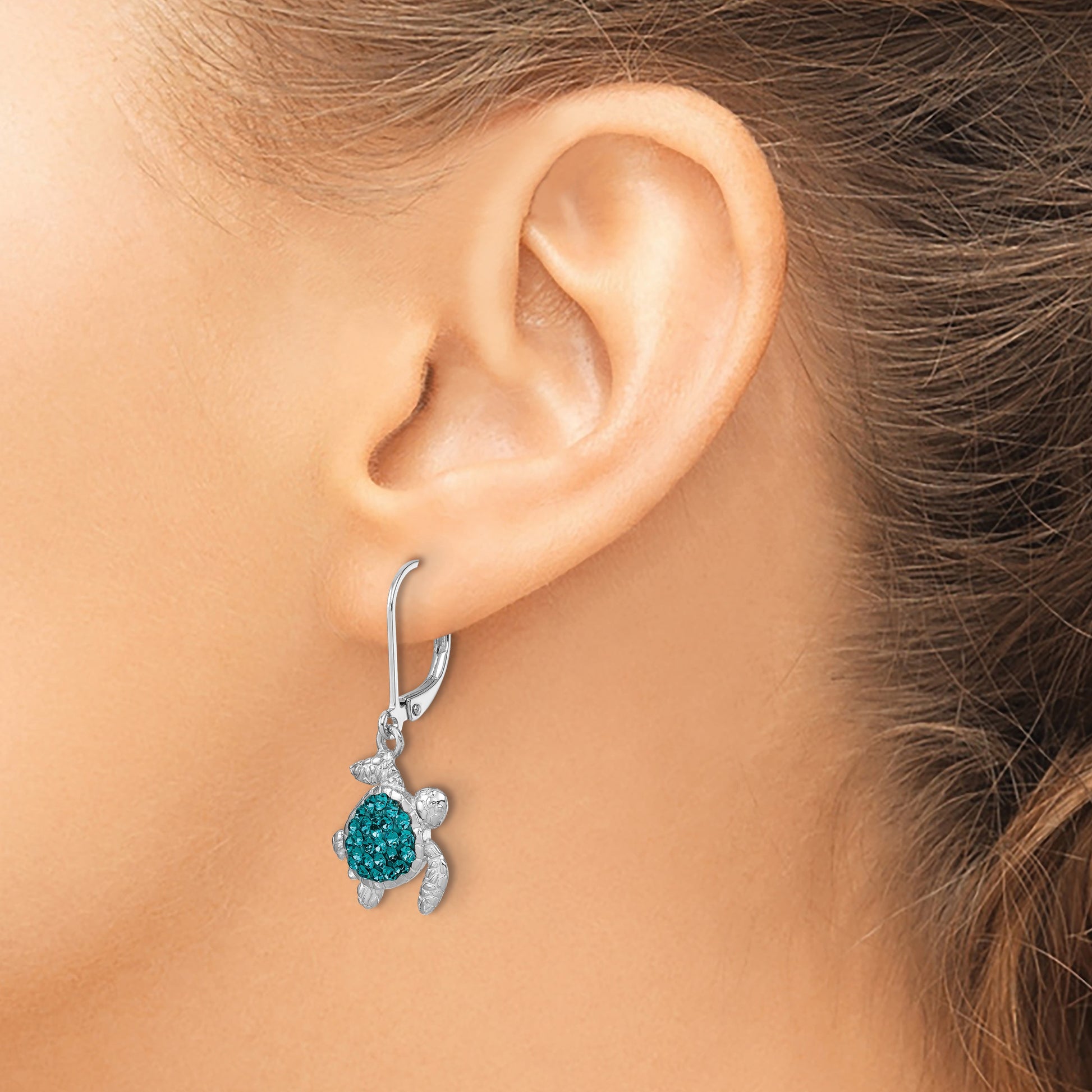 Sterling Silver Rhodium-plated Polished Blue Crystal Turtle Dangle Leverback Earrings