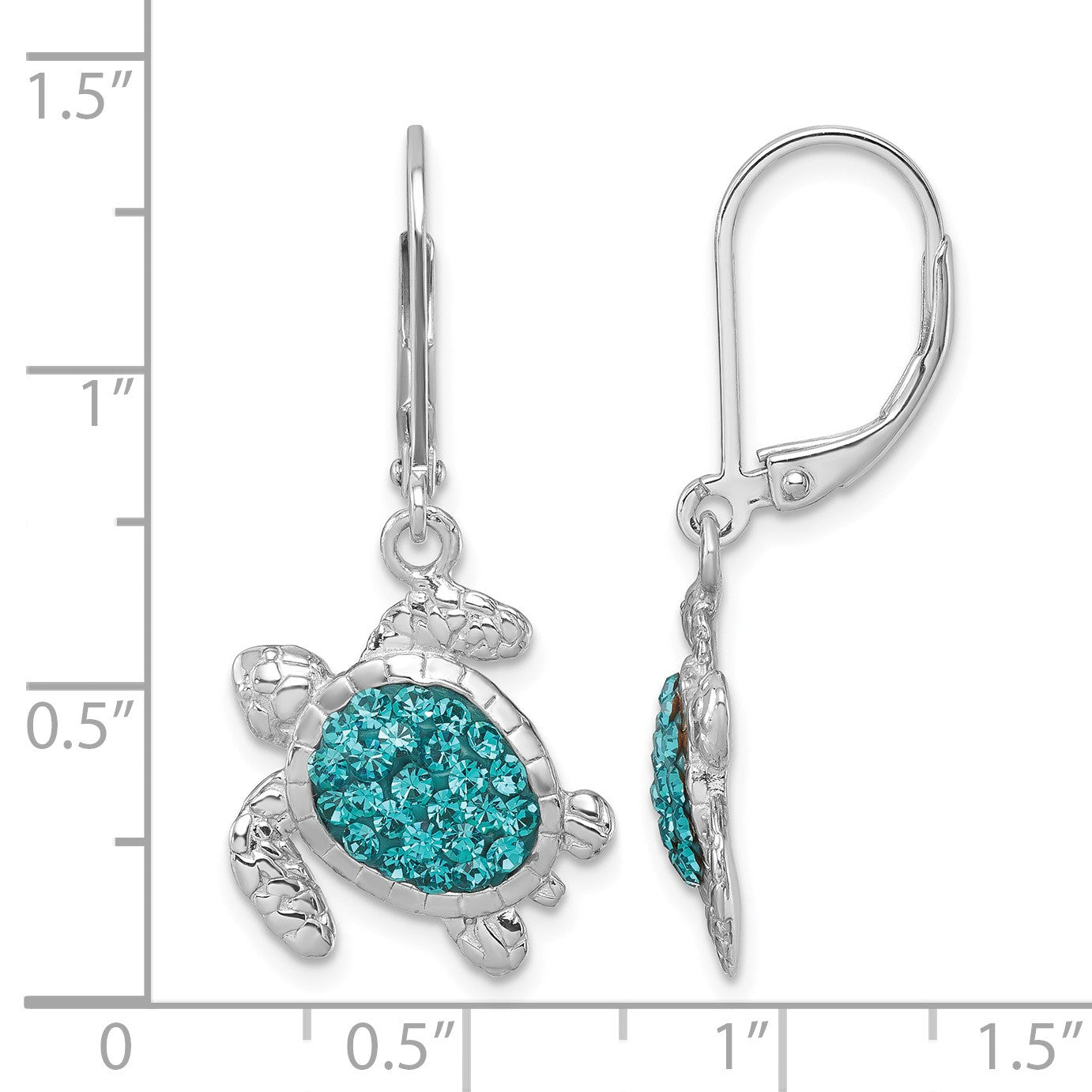 Sterling Silver Rhodium-plated Polished Blue Crystal Turtle Dangle Leverback Earrings