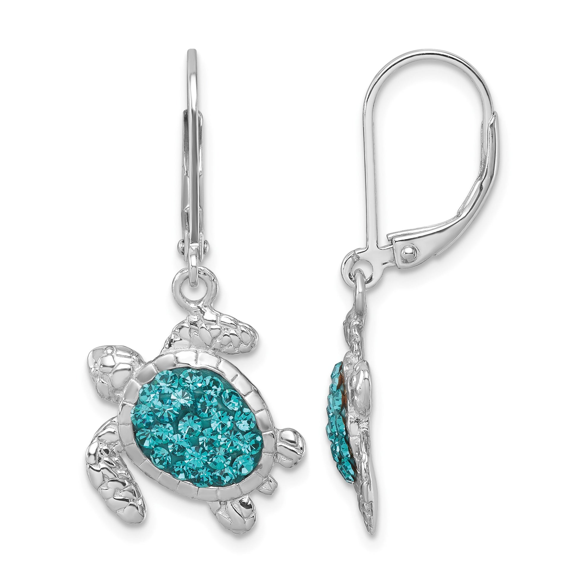 Sterling Silver Rhodium-plated Polished Blue Crystal Turtle Dangle Leverback Earrings