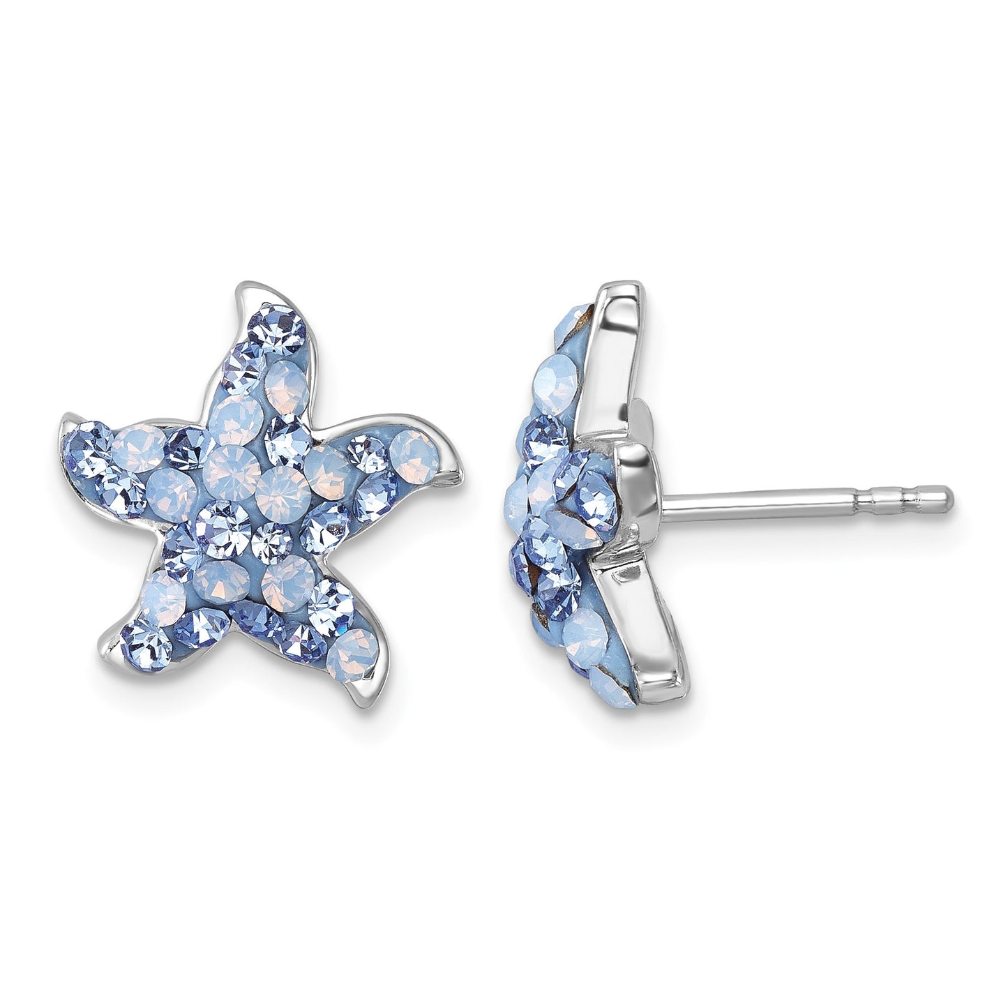 Sterling Silver Rhodium-plated Polished Blue Crystal Starfish Post Earrings