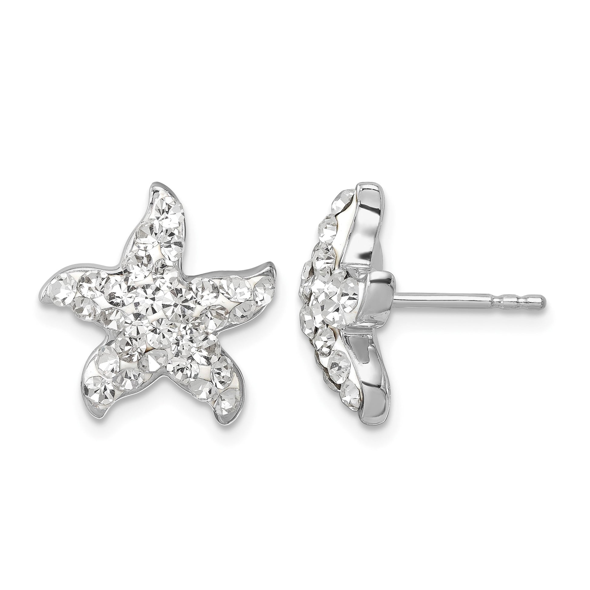 Sterling Silver Rhodium-plated Polished White Crystal Starfish Post Earrings