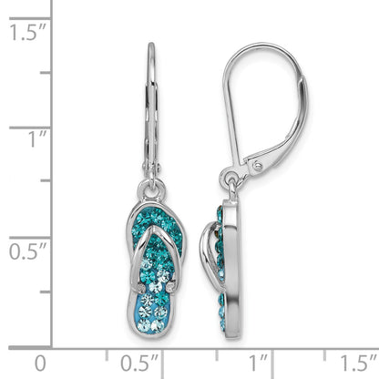 Sterling Silver Rhodium-plated Polished Blue and White Crystal Flip Flop Dangle Leverback Earrings