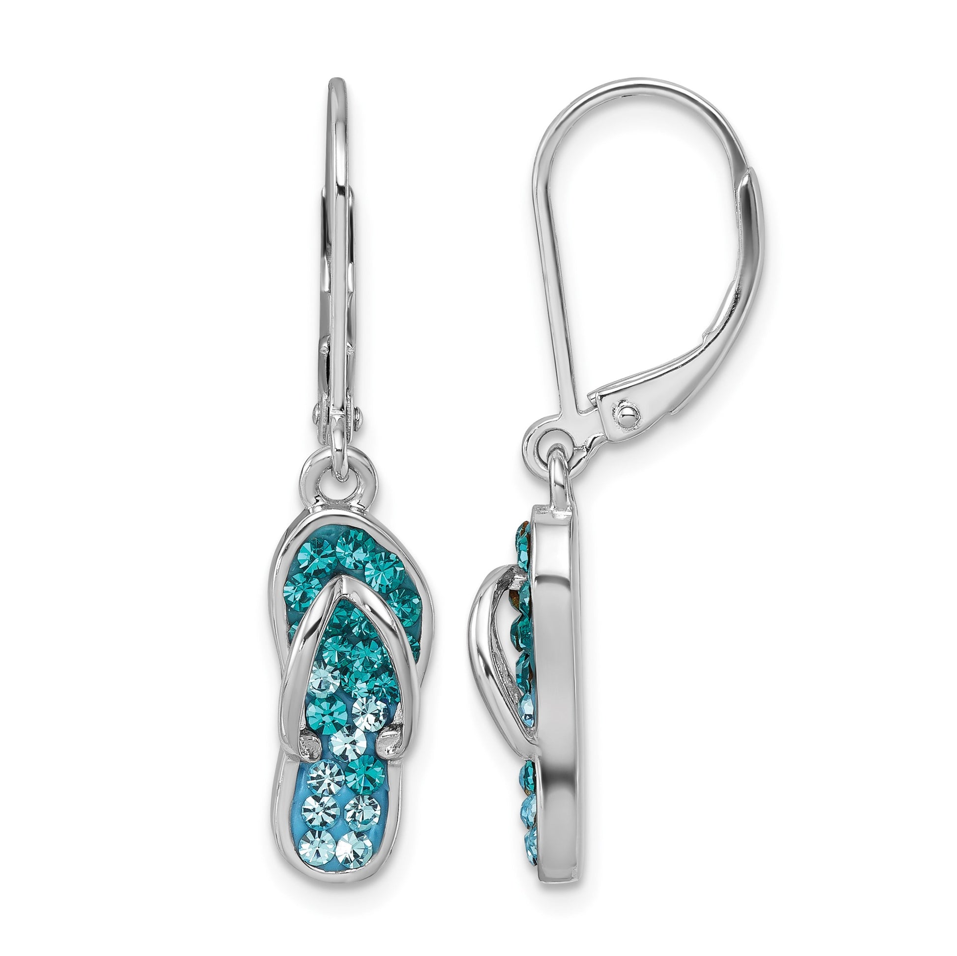 Sterling Silver Rhodium-plated Polished Blue and White Crystal Flip Flop Dangle Leverback Earrings