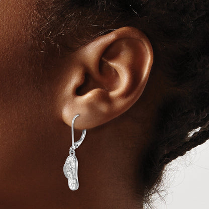 Sterling Silver Rhodium-plated Polished White Crystal Flip Flop Dangle Leverback Earrings