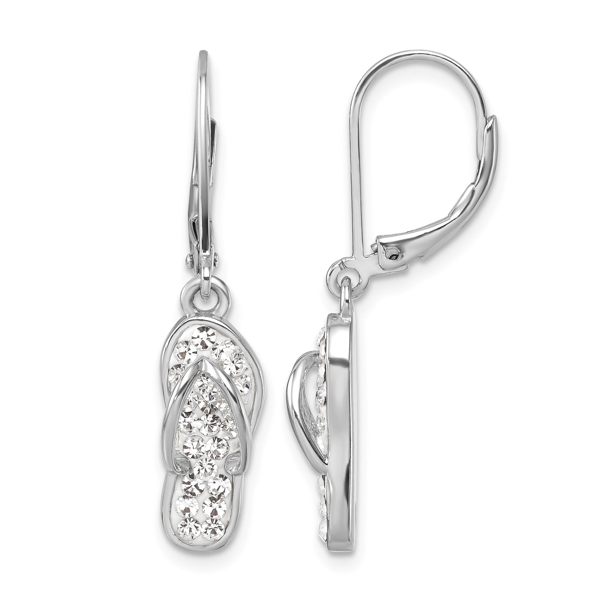 Sterling Silver Rhodium-plated Polished White Crystal Flip Flop Dangle Leverback Earrings