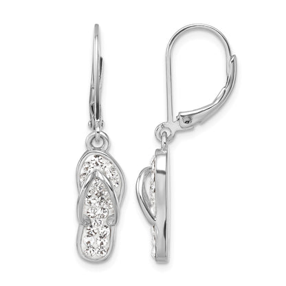 Sterling Silver Rhodium-plated Polished White Crystal Flip Flop Dangle Leverback Earrings