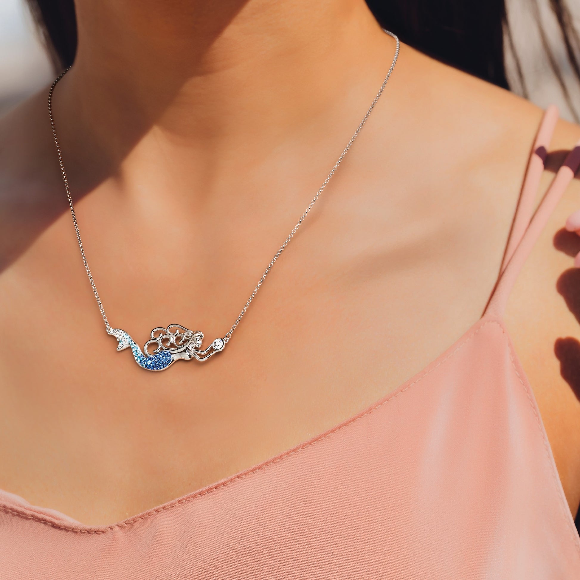 Sterling Silver Rhodium-Plated Polished Blue and White Crystal Mermaid 18.5 inch with a 1 inch extention Necklace