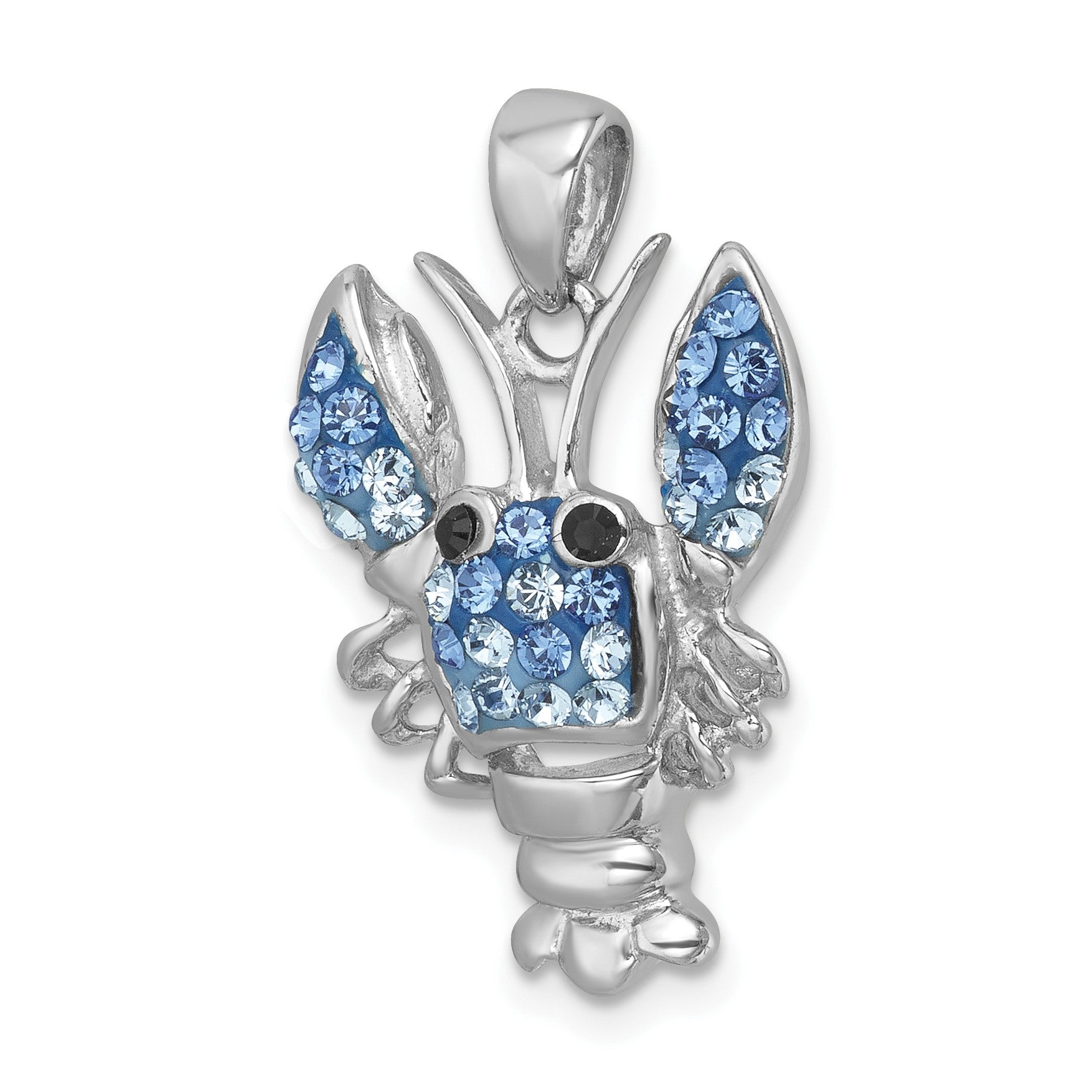 Sterling Silver Rhodium-plated Polished Blue Crystal Lobster Pendant