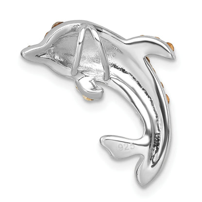Sterling Silver Rhodium-Plated Polished Gray and White Crystal Dolphin Chain Slide