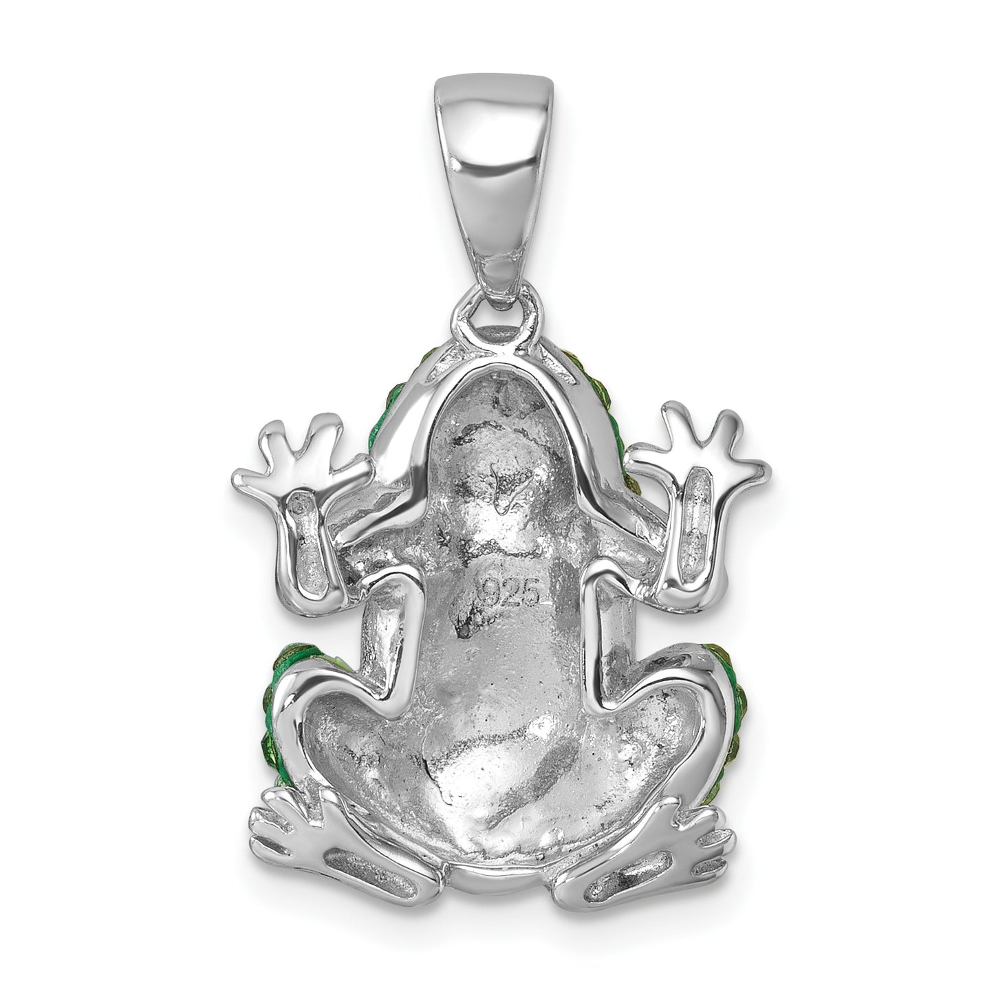 Sterling Silver Rhodium-plated Polished Green and White Crystal Frog Pendant