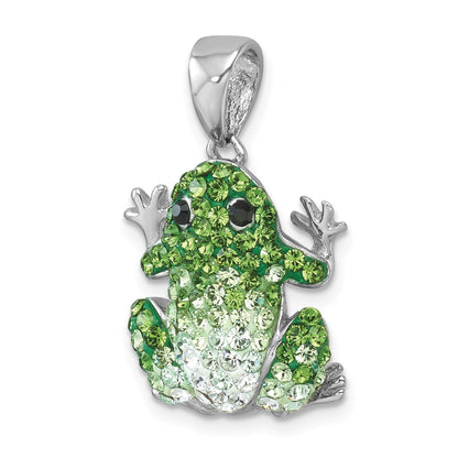 Sterling Silver Rhodium-plated Polished Green and White Crystal Frog Pendant