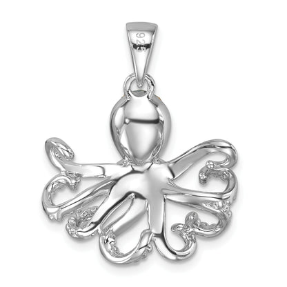Sterling Silver Rhodium-plated Polished Blue Crystal Octopus Pendant