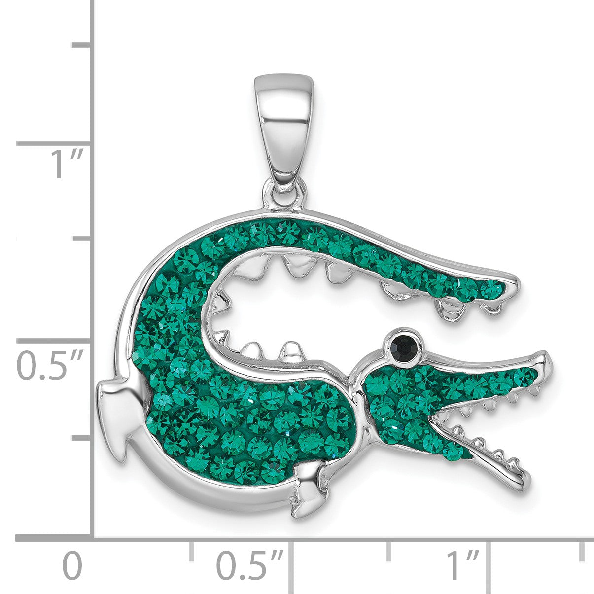 Sterling Silver Rhodium-plated Polished Green Crystal Alligator Pendant