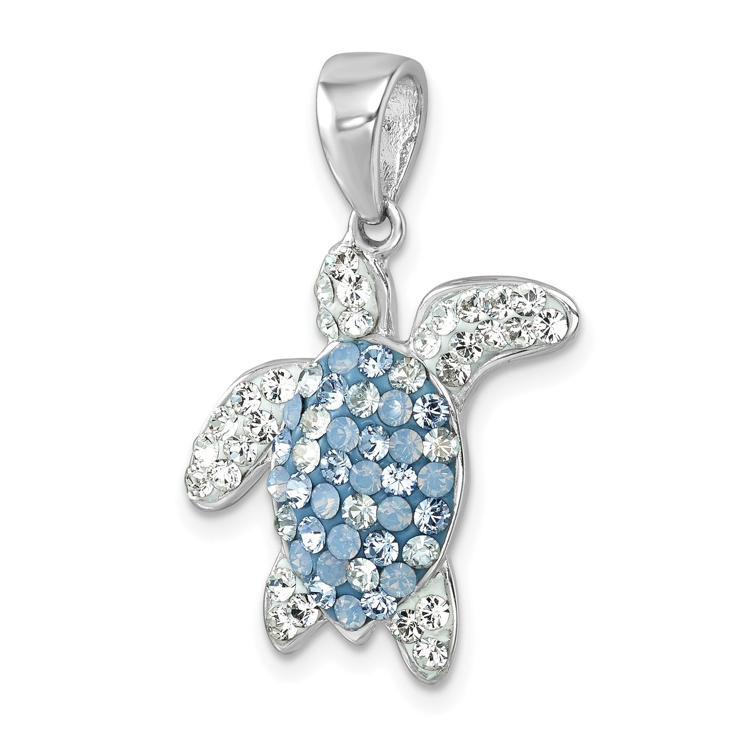 Sterling Silver Rhodium-plated Polished Blue and White Crystal Turtle Pendant