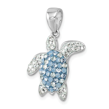 Sterling Silver Rhodium-plated Polished Blue and White Crystal Turtle Pendant