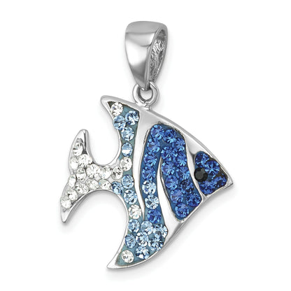 Sterling Silver Rhodium-plated Polished Blue and White Crystal Angel Fish Pendant