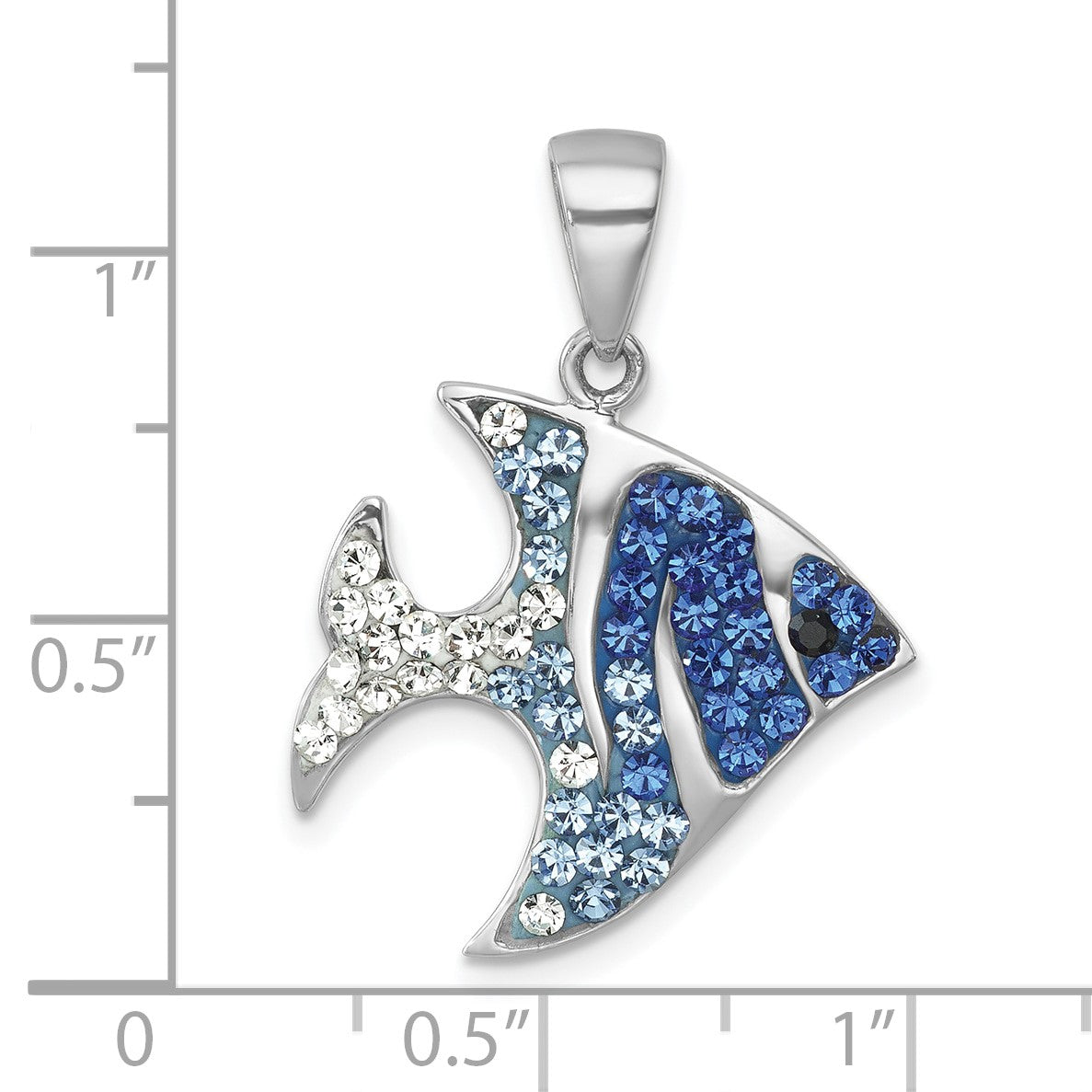 Sterling Silver Rhodium-plated Polished Blue and White Crystal Angel Fish Pendant