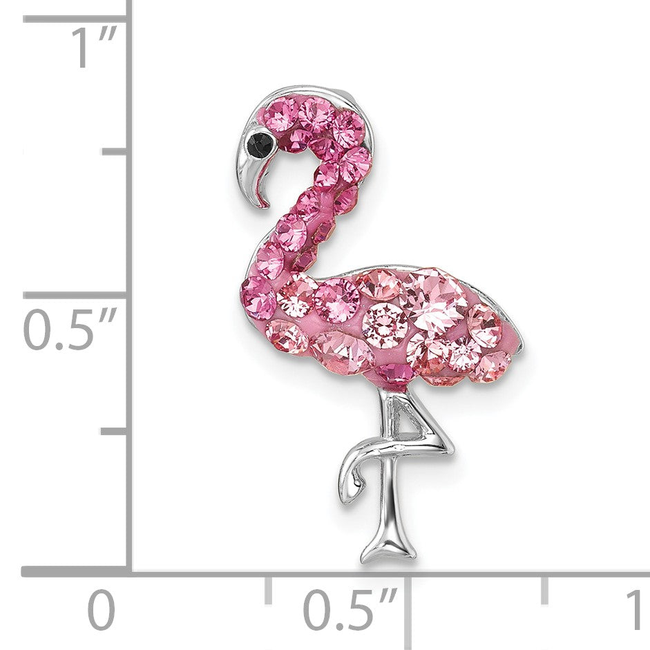 Sterling Silver Rhodium-plated Polished Pink Crystal Flamingo Chain Slide