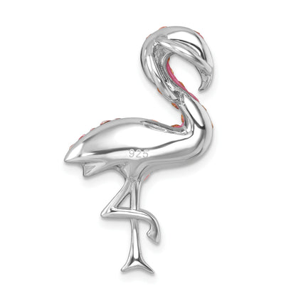 Sterling Silver Rhodium-plated Polished Pink Crystal Flamingo Pendant