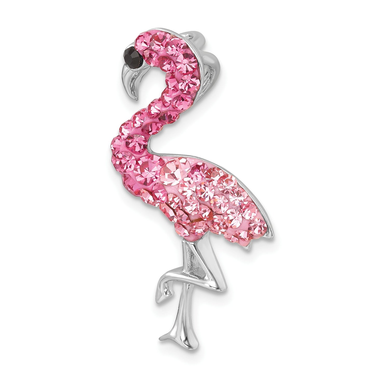 Sterling Silver Rhodium-plated Polished Pink Crystal Flamingo Pendant