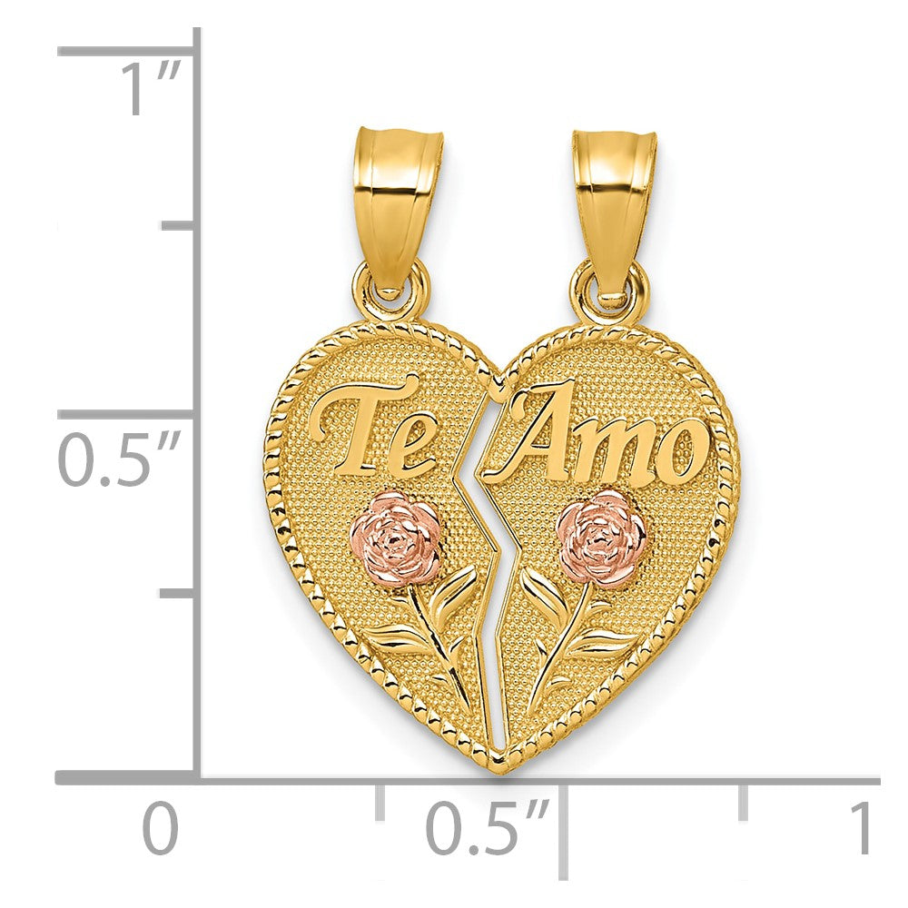 14k Two-tone Polished Break-Apart Heart With TE AMO And Roses Pendant