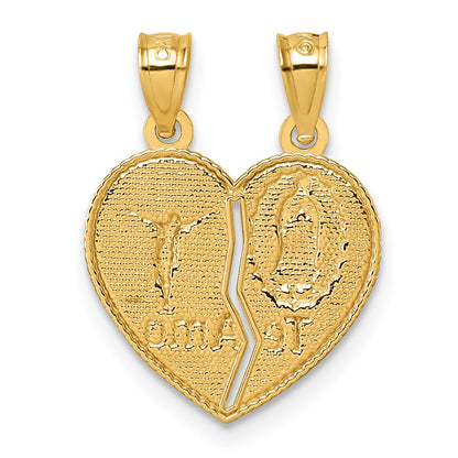 14k Polished Spanish TE AMO Our Lady of Guadalupe and Crucifix Break-apart Heart Pendant