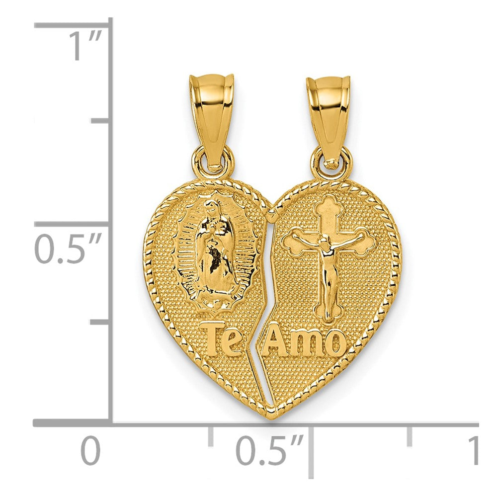 14k Polished Spanish TE AMO Our Lady of Guadalupe and Crucifix Break-apart Heart Pendant