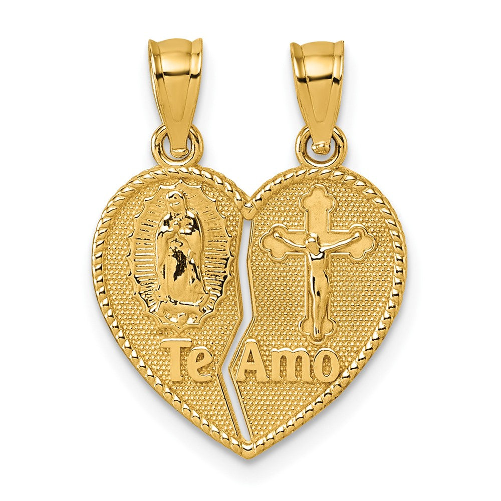 14k Polished Spanish TE AMO Our Lady of Guadalupe and Crucifix Break-apart Heart Pendant