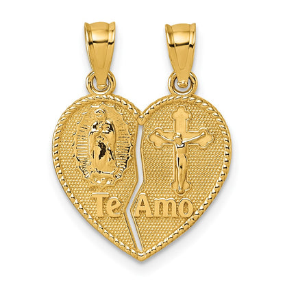 14k Polished Spanish TE AMO Our Lady of Guadalupe and Crucifix Break-apart Heart Pendant