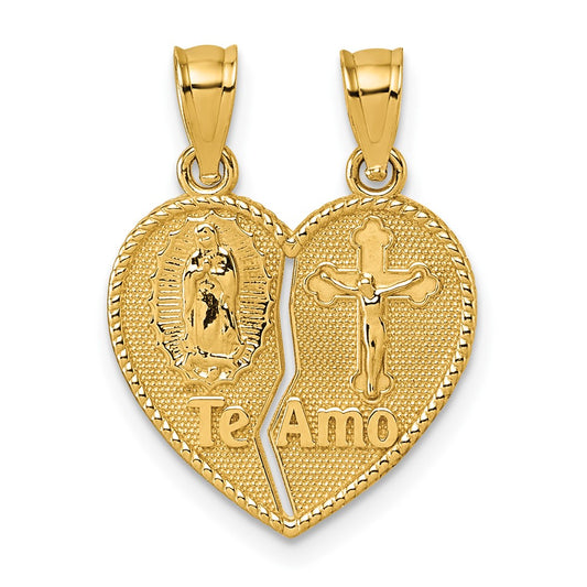 14k Polished Spanish TE AMO Our Lady of Guadalupe and Crucifix Break-apart Heart Pendant