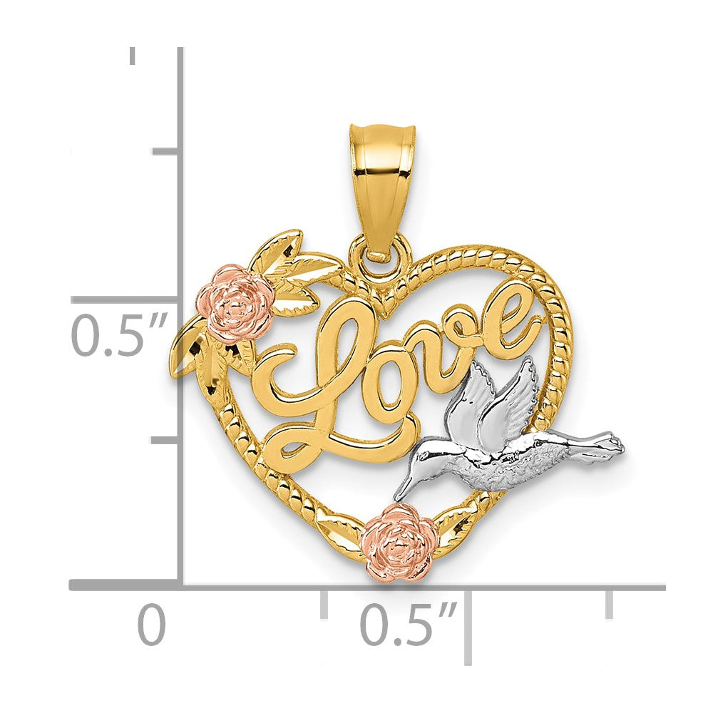 14k Two-tone and White Rhodium Polished LOVE Floral And Bird Heart Pendant