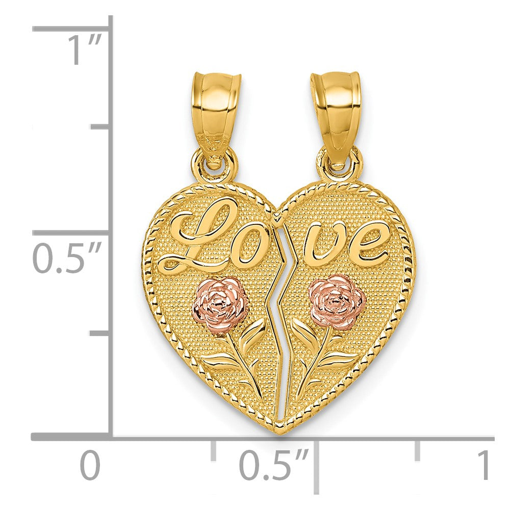 14k Two-tone Polished Break-Apart Heart With LOVE And Roses Pendant