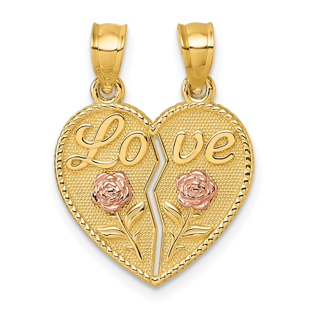 14k Two-tone Polished Break-Apart Heart With LOVE And Roses Pendant