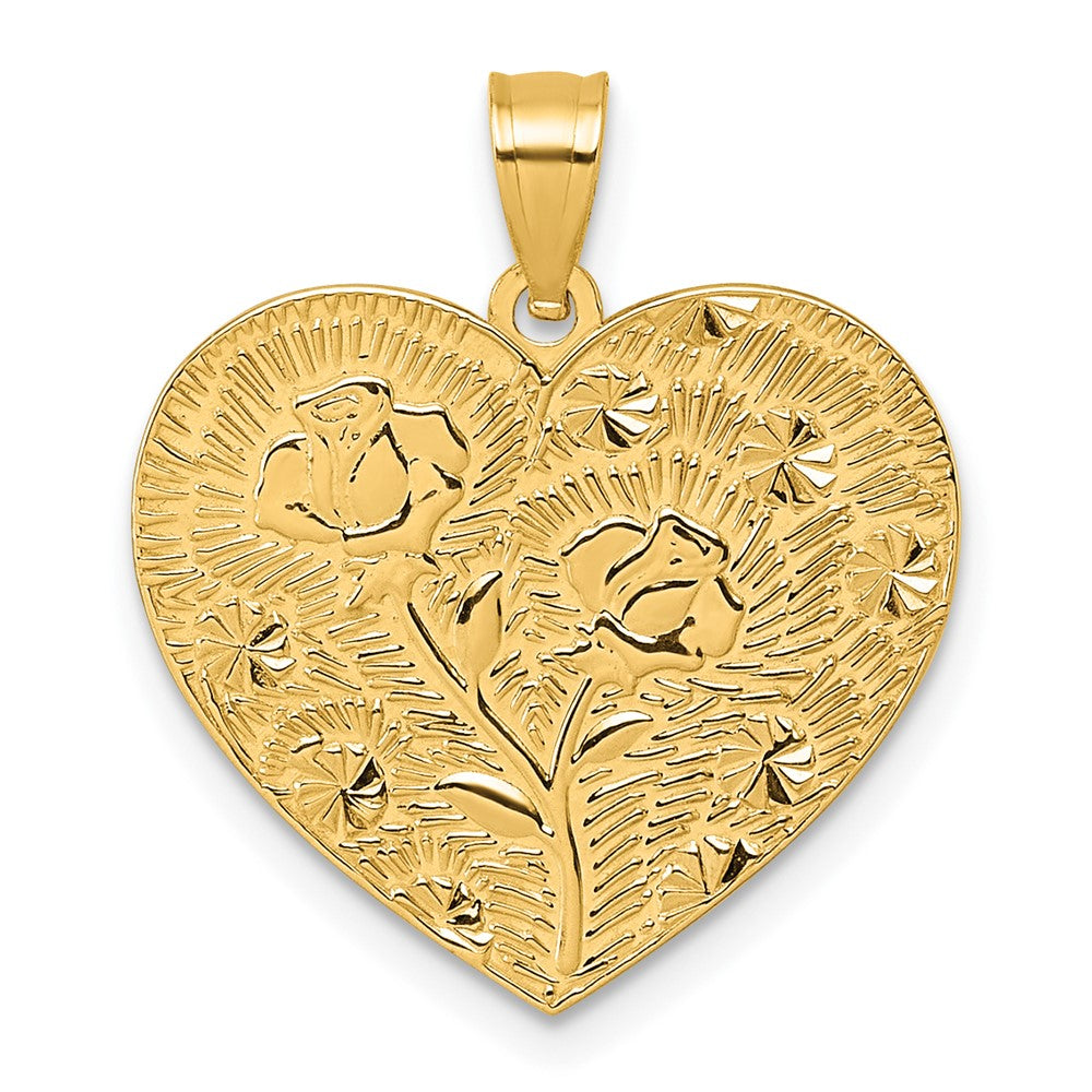 14k Polished and Textured Roses -A Mother's Love is the Greatest Gift Of All- Heart Pendant