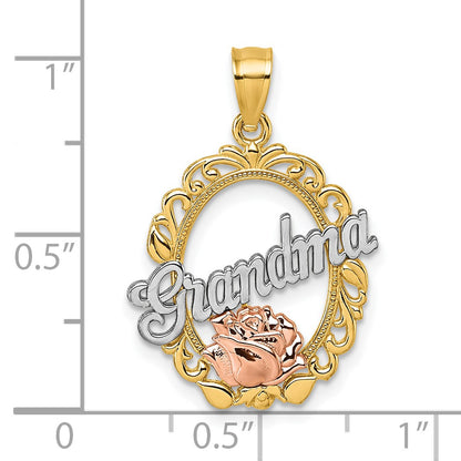 14k Two-tone and White Rhodium Polished GRANDMA Rose Oval Pendant