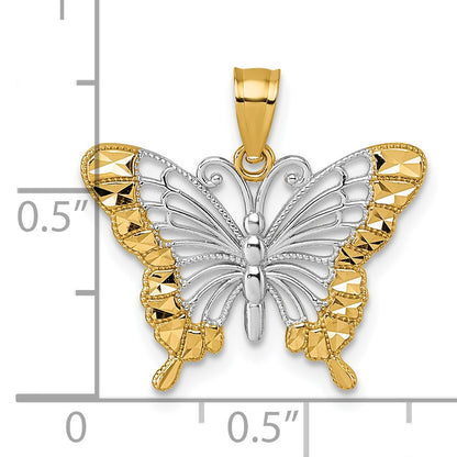 14k and Rhodium Diamond-cut Polished Cut-out Butterfly Pendant