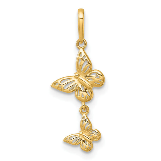 14k Polished Double Butterfly Dangle Charm Pendant