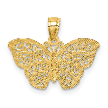 14k Polished with Rhodium Diamond-cut Filigree Butterfly Pendant