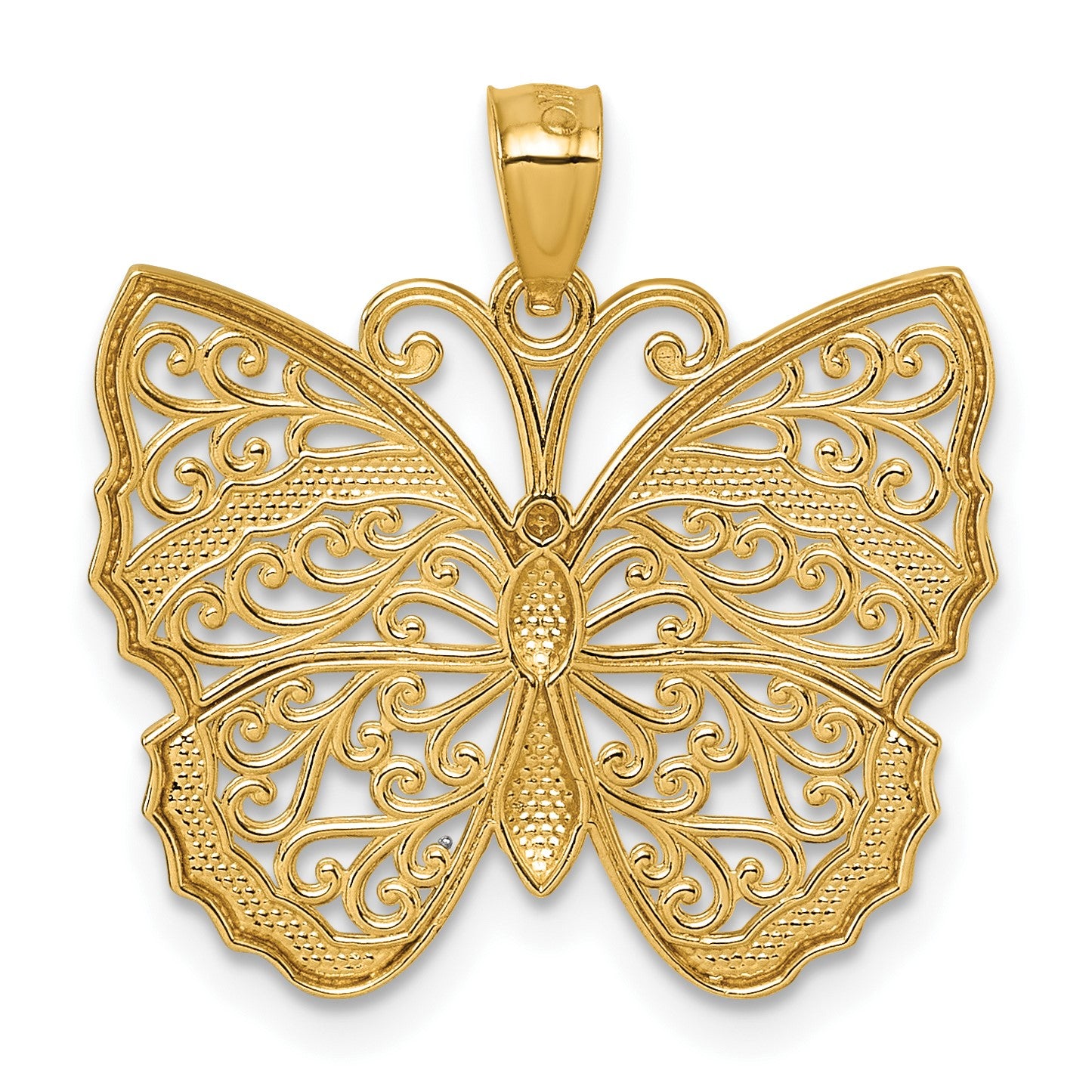 14k and Rhodium Textured Fancy Filigree Butterfly Pendant