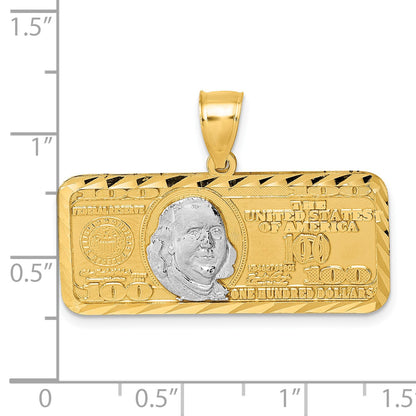 14k Polished with Rhodium Diamond-cut 100 Dollar Bill Pendant