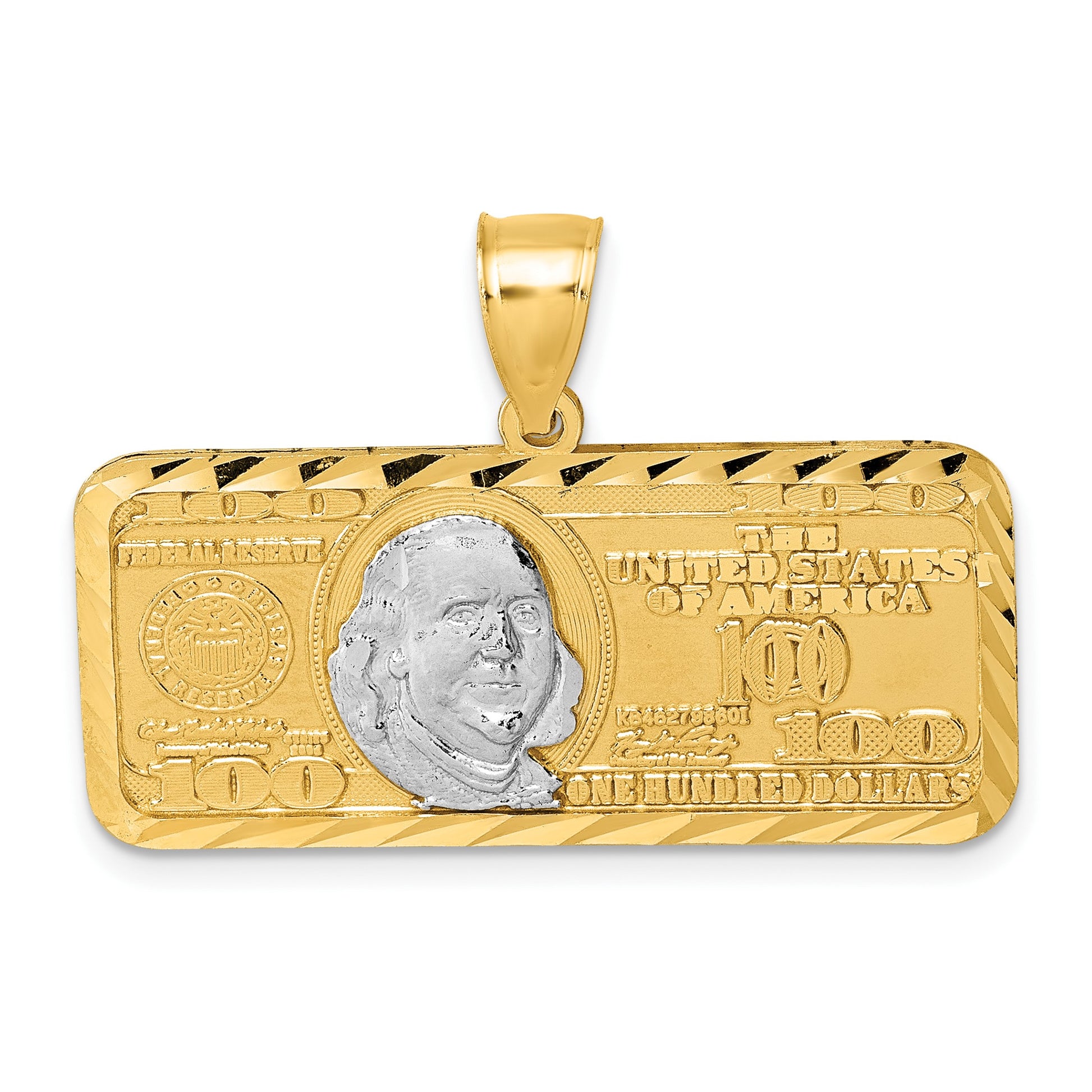 14k Polished with Rhodium Diamond-cut 100 Dollar Bill Pendant