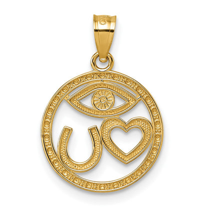 14k Polished Heart Evil Eye And Horse Shoe In Circle Pendant