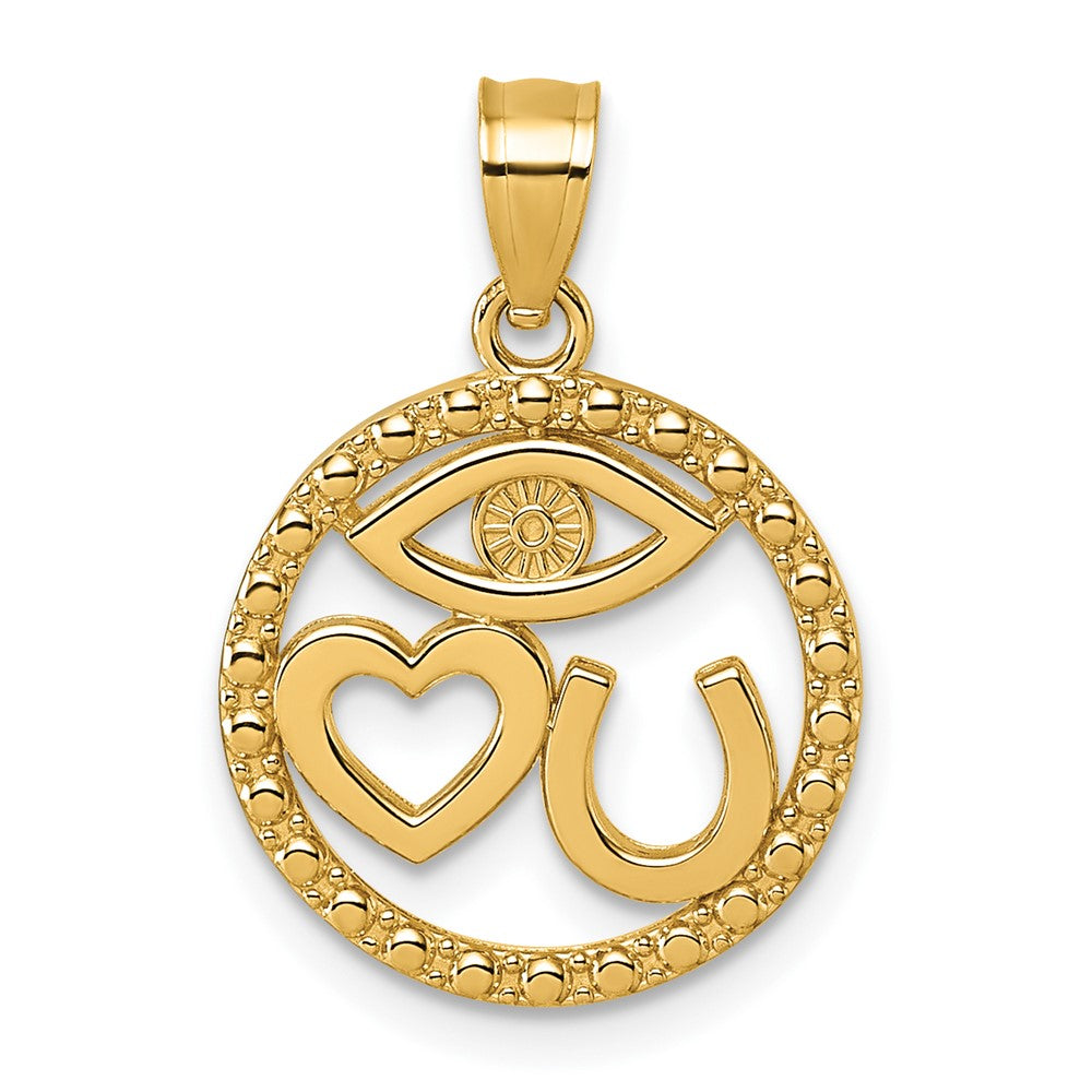 14k Polished Heart Evil Eye And Horse Shoe In Circle Pendant