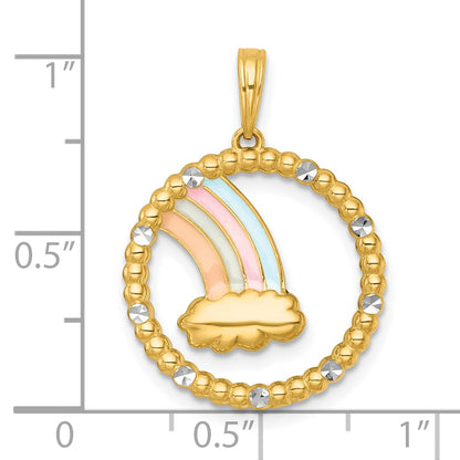 14k with White Rhodium Multi Color Enamel Rainbow With Cloud in Circle Charm