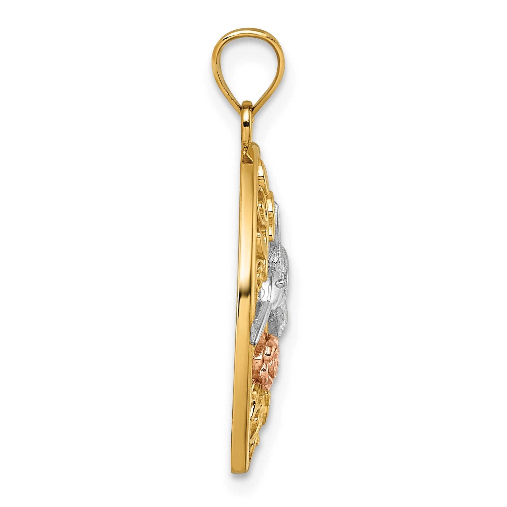 14k Two-tone with White Rhodium Polished Hummingbird and Flower Filigree Pendant