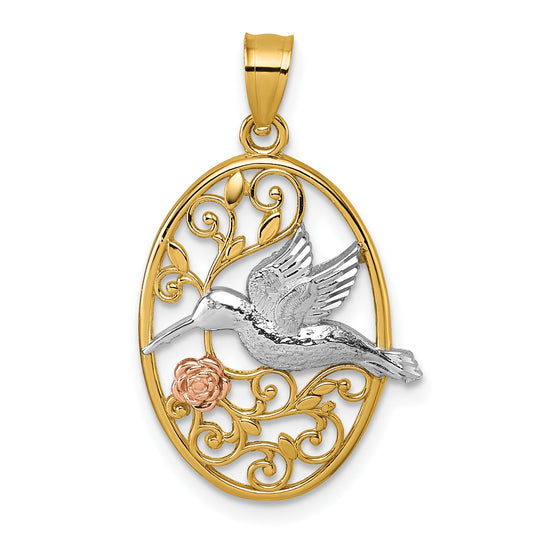 14k Two-tone with White Rhodium Polished Hummingbird and Flower Filigree Pendant