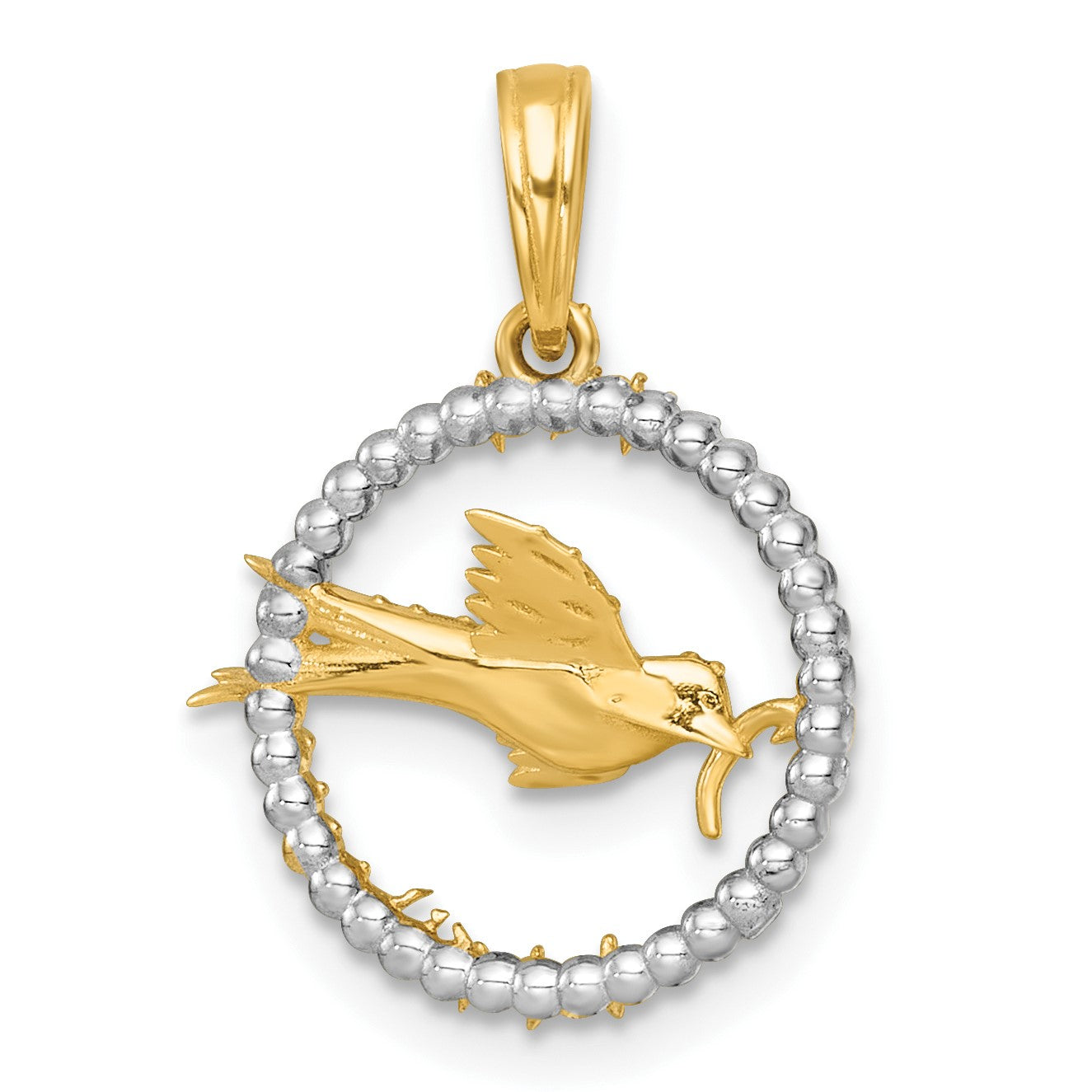 14k with White Rhodium Polished Flying Bird In Circle with Stars Charm